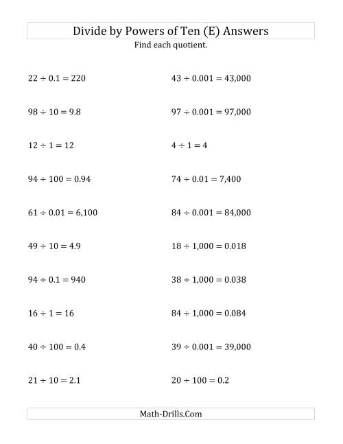 The Dividing Whole Numbers by All Powers of Ten (Standard Form) (E) Math Worksheet Page 2