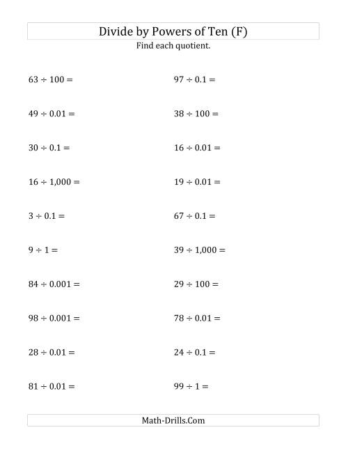 The Dividing Whole Numbers by All Powers of Ten (Standard Form) (F) Math Worksheet