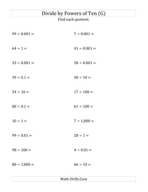 The Dividing Whole Numbers by All Powers of Ten (Standard Form) (G) Math Worksheet