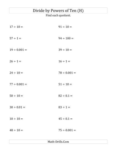 The Dividing Whole Numbers by All Powers of Ten (Standard Form) (H) Math Worksheet