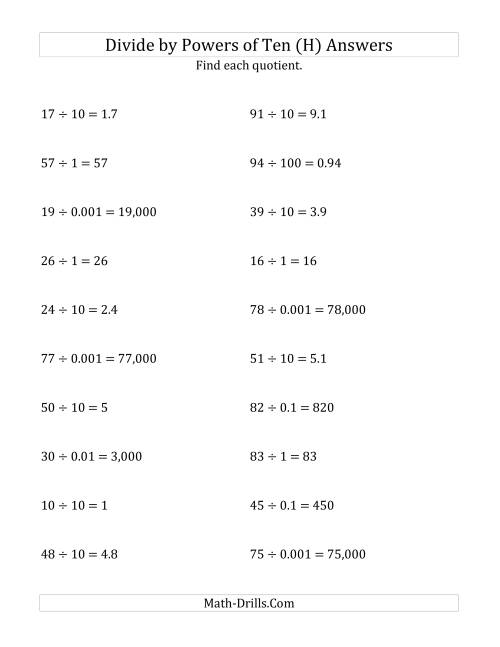The Dividing Whole Numbers by All Powers of Ten (Standard Form) (H) Math Worksheet Page 2