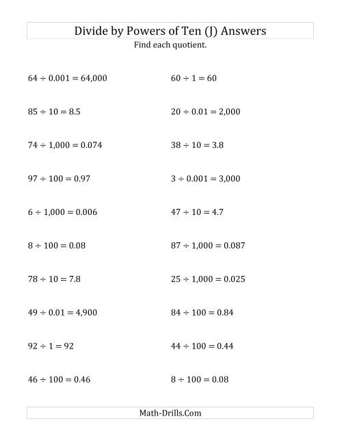 The Dividing Whole Numbers by All Powers of Ten (Standard Form) (J) Math Worksheet Page 2