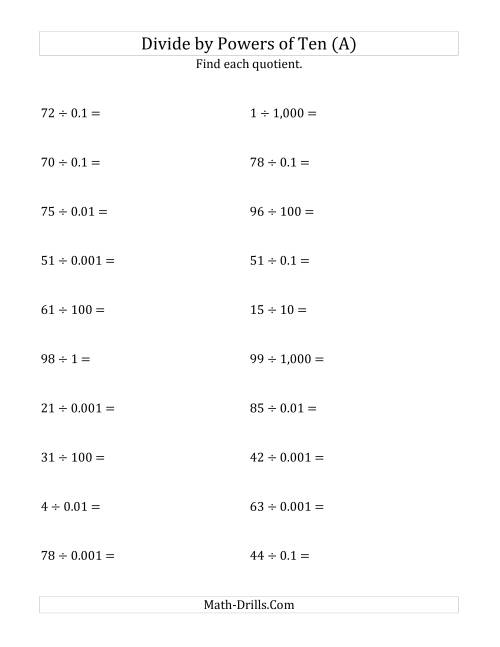 The Dividing Whole Numbers by All Powers of Ten (Standard Form) (All) Math Worksheet