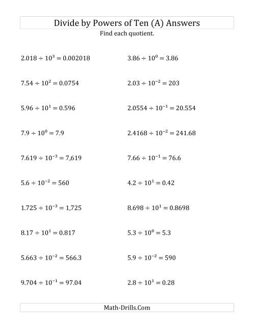 The Dividing Decimals by All Powers of Ten (Exponent Form) (A) Math Worksheet Page 2