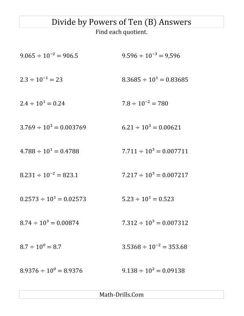 The Dividing Decimals by All Powers of Ten (Exponent Form) (B) Math Worksheet Page 2
