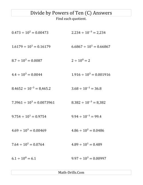 The Dividing Decimals by All Powers of Ten (Exponent Form) (C) Math Worksheet Page 2