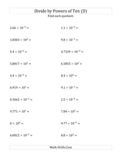 The Dividing Decimals by All Powers of Ten (Exponent Form) (D) Math Worksheet
