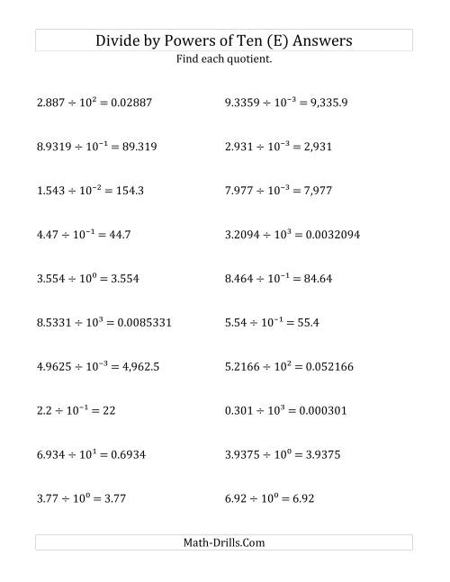 The Dividing Decimals by All Powers of Ten (Exponent Form) (E) Math Worksheet Page 2