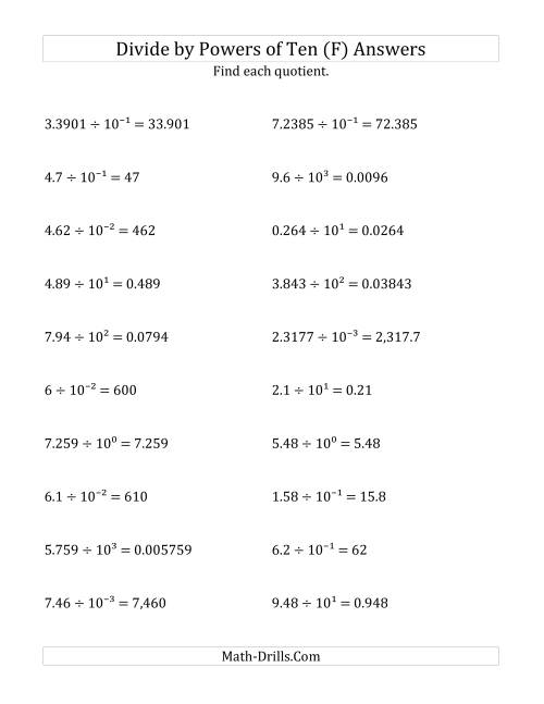 The Dividing Decimals by All Powers of Ten (Exponent Form) (F) Math Worksheet Page 2