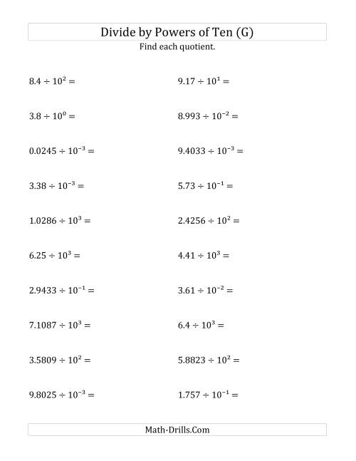 The Dividing Decimals by All Powers of Ten (Exponent Form) (G) Math Worksheet
