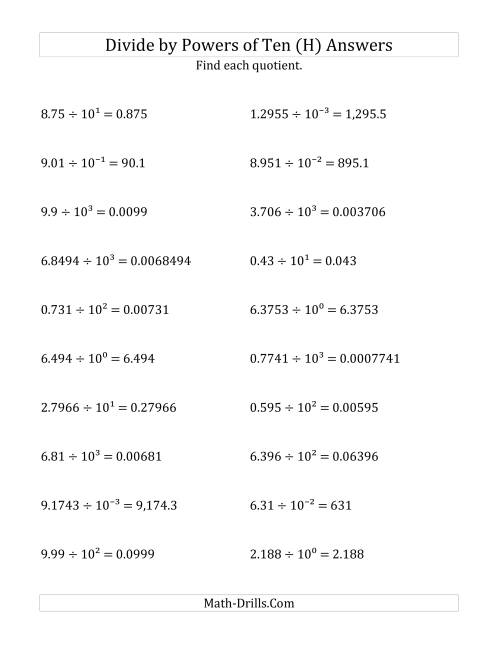 The Dividing Decimals by All Powers of Ten (Exponent Form) (H) Math Worksheet Page 2
