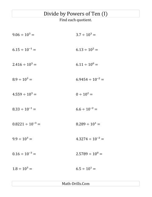 The Dividing Decimals by All Powers of Ten (Exponent Form) (I) Math Worksheet