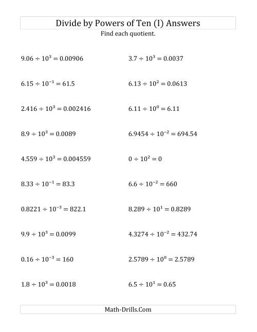 The Dividing Decimals by All Powers of Ten (Exponent Form) (I) Math Worksheet Page 2