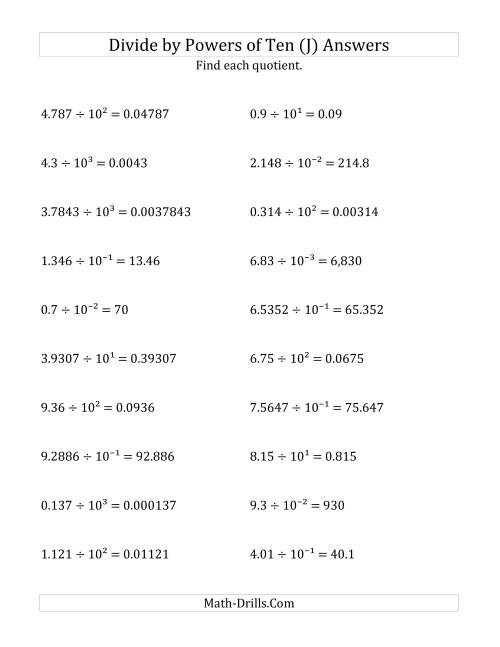 The Dividing Decimals by All Powers of Ten (Exponent Form) (J) Math Worksheet Page 2