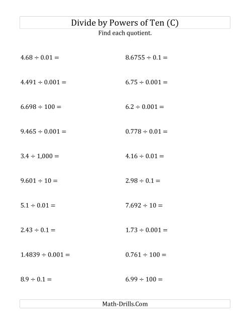 The Dividing Decimals by All Powers of Ten (Standard Form) (C) Math Worksheet