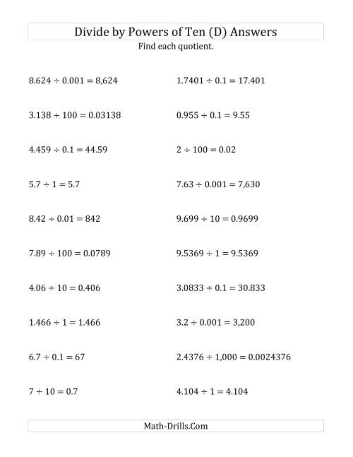 The Dividing Decimals by All Powers of Ten (Standard Form) (D) Math Worksheet Page 2