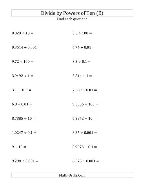 The Dividing Decimals by All Powers of Ten (Standard Form) (E) Math Worksheet