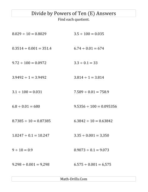 The Dividing Decimals by All Powers of Ten (Standard Form) (E) Math Worksheet Page 2