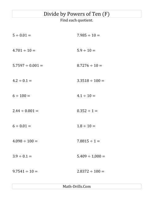 The Dividing Decimals by All Powers of Ten (Standard Form) (F) Math Worksheet
