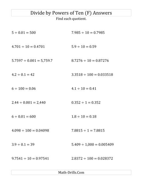The Dividing Decimals by All Powers of Ten (Standard Form) (F) Math Worksheet Page 2