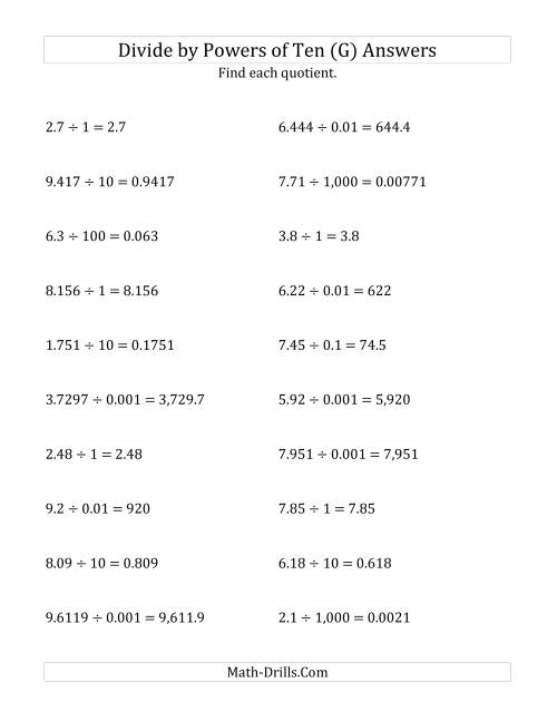The Dividing Decimals by All Powers of Ten (Standard Form) (G) Math Worksheet Page 2