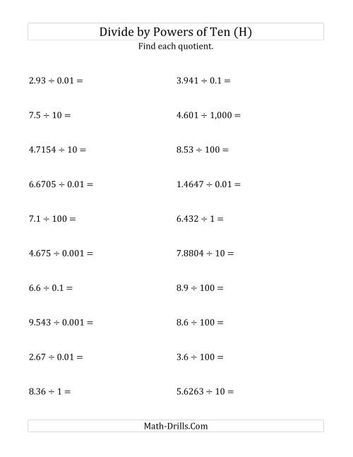 The Dividing Decimals by All Powers of Ten (Standard Form) (H) Math Worksheet