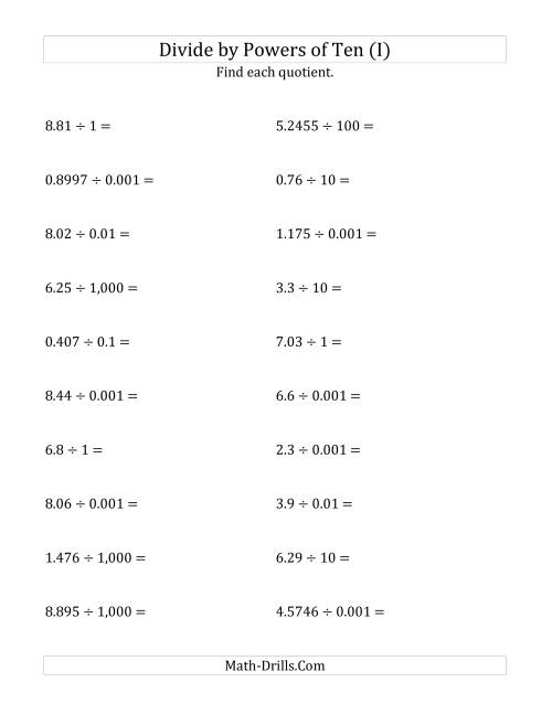 The Dividing Decimals by All Powers of Ten (Standard Form) (I) Math Worksheet