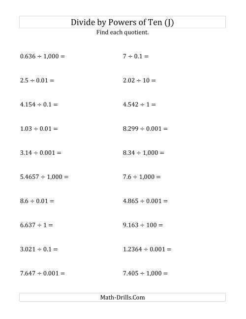 The Dividing Decimals by All Powers of Ten (Standard Form) (J) Math Worksheet