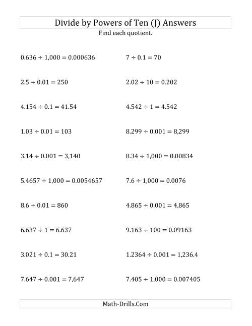 The Dividing Decimals by All Powers of Ten (Standard Form) (J) Math Worksheet Page 2
