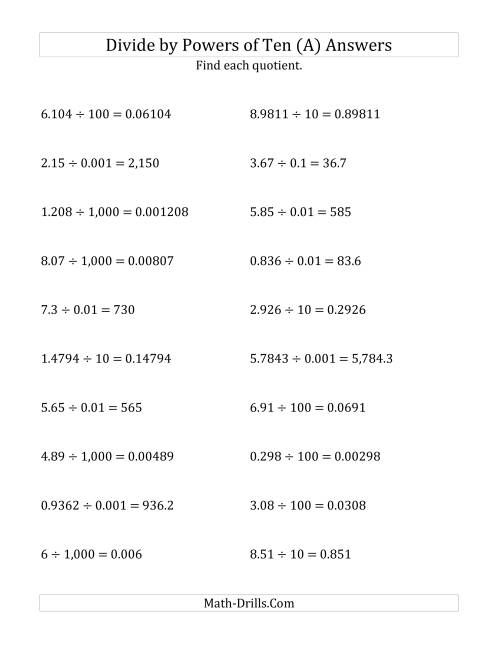 The Dividing Decimals by All Powers of Ten (Standard Form) (All) Math Worksheet Page 2