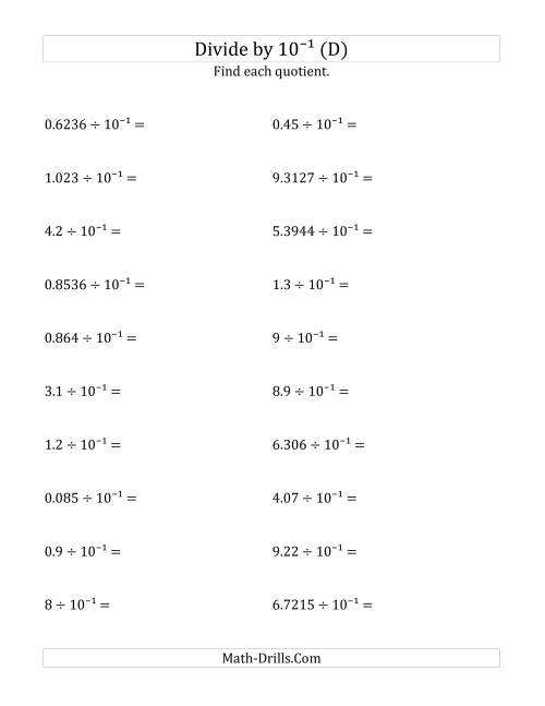 The Dividing Decimals by 10<sup>-1</sup> (D) Math Worksheet