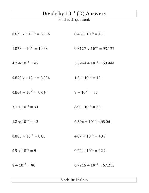 The Dividing Decimals by 10<sup>-1</sup> (D) Math Worksheet Page 2