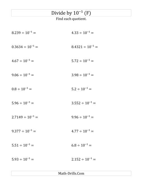 The Dividing Decimals by 10<sup>-1</sup> (F) Math Worksheet