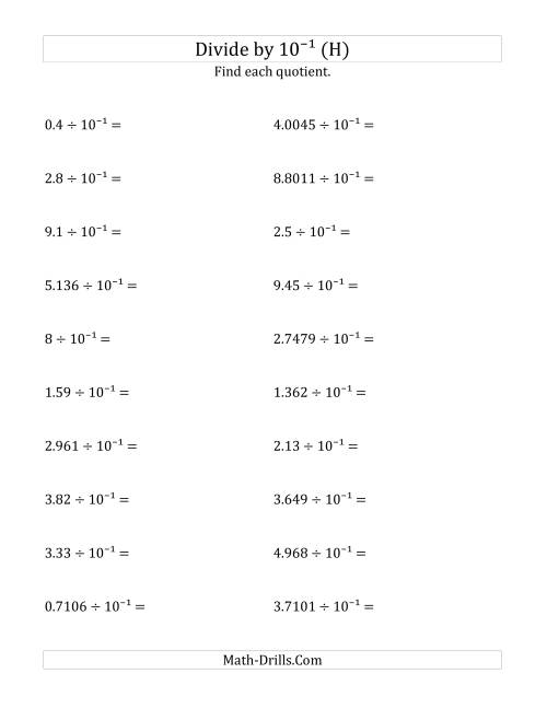 The Dividing Decimals by 10<sup>-1</sup> (H) Math Worksheet