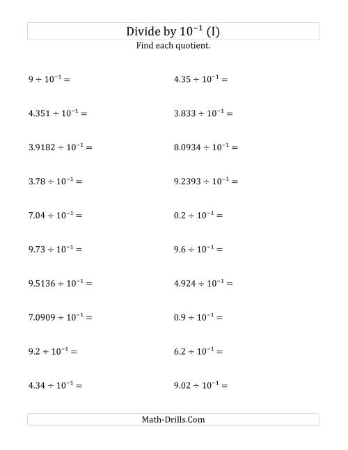 The Dividing Decimals by 10<sup>-1</sup> (I) Math Worksheet