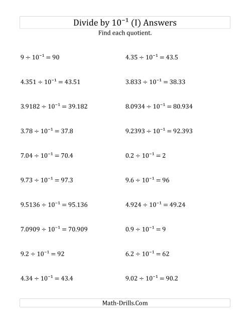 The Dividing Decimals by 10<sup>-1</sup> (I) Math Worksheet Page 2