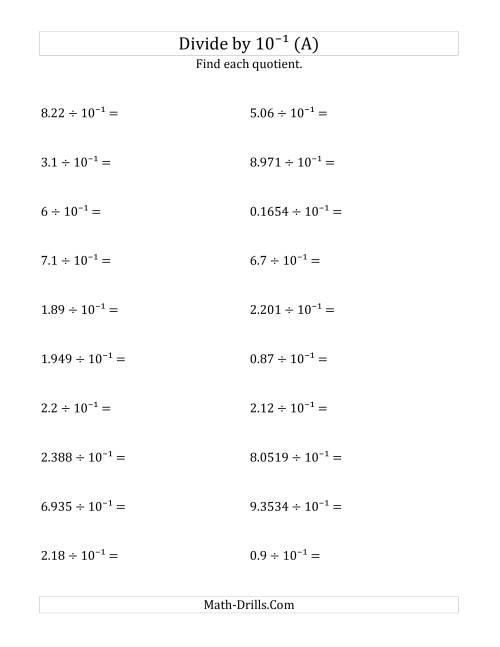 The Dividing Decimals by 10<sup>-1</sup> (All) Math Worksheet
