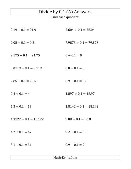 The Dividing Decimals by 0.1 (A) Math Worksheet Page 2