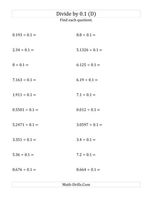 The Dividing Decimals by 0.1 (D) Math Worksheet