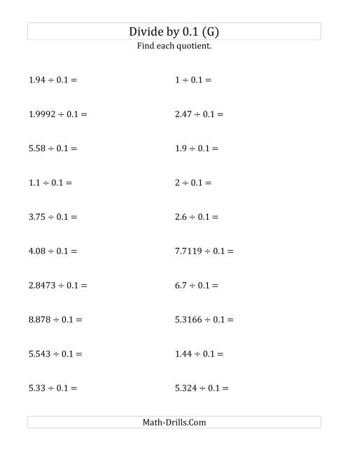 The Dividing Decimals by 0.1 (G) Math Worksheet