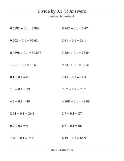 The Dividing Decimals by 0.1 (I) Math Worksheet Page 2