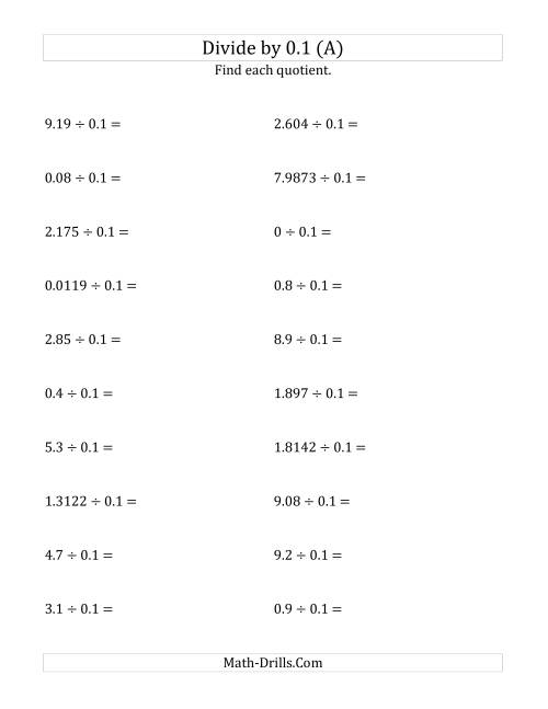 The Dividing Decimals by 0.1 (All) Math Worksheet