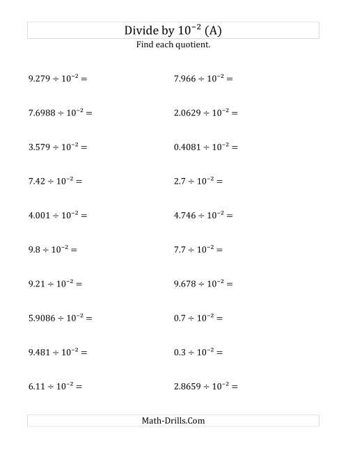 The Dividing Decimals by 10<sup>-2</sup> (A) Math Worksheet