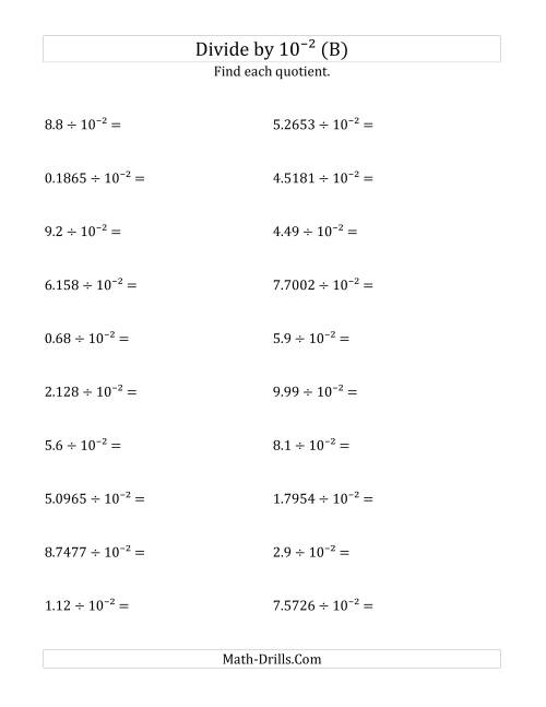 The Dividing Decimals by 10<sup>-2</sup> (B) Math Worksheet