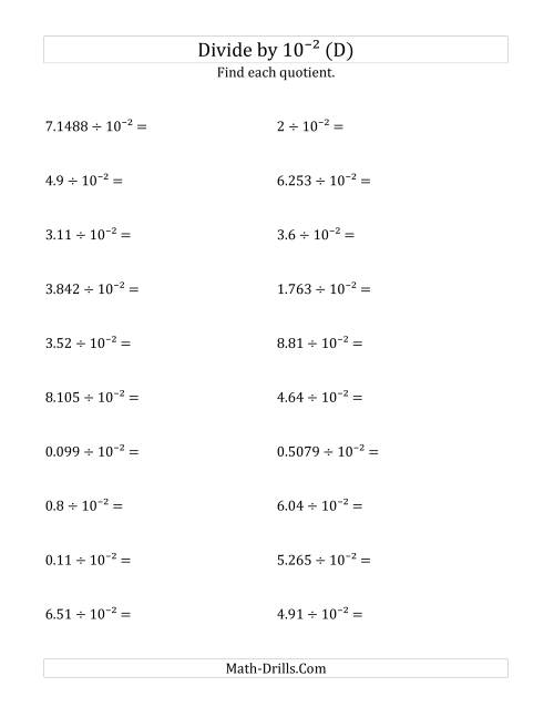 The Dividing Decimals by 10<sup>-2</sup> (D) Math Worksheet