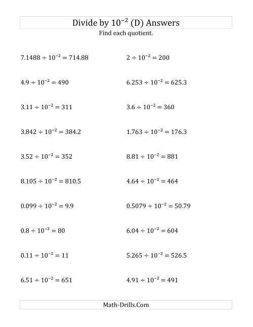The Dividing Decimals by 10<sup>-2</sup> (D) Math Worksheet Page 2