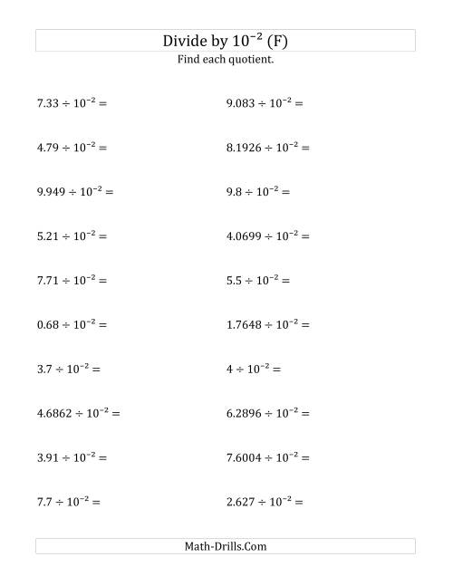 The Dividing Decimals by 10<sup>-2</sup> (F) Math Worksheet