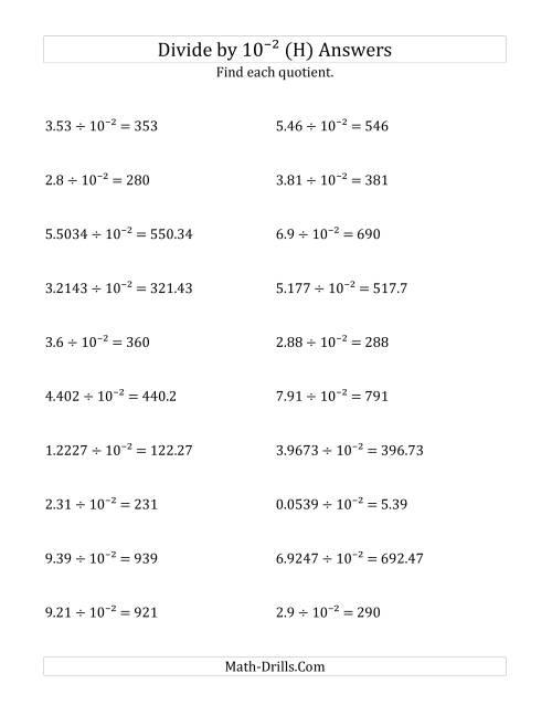 The Dividing Decimals by 10<sup>-2</sup> (H) Math Worksheet Page 2