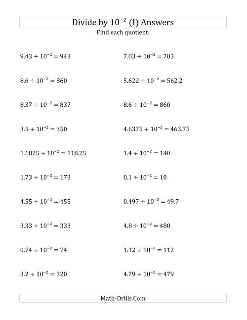 The Dividing Decimals by 10<sup>-2</sup> (I) Math Worksheet Page 2