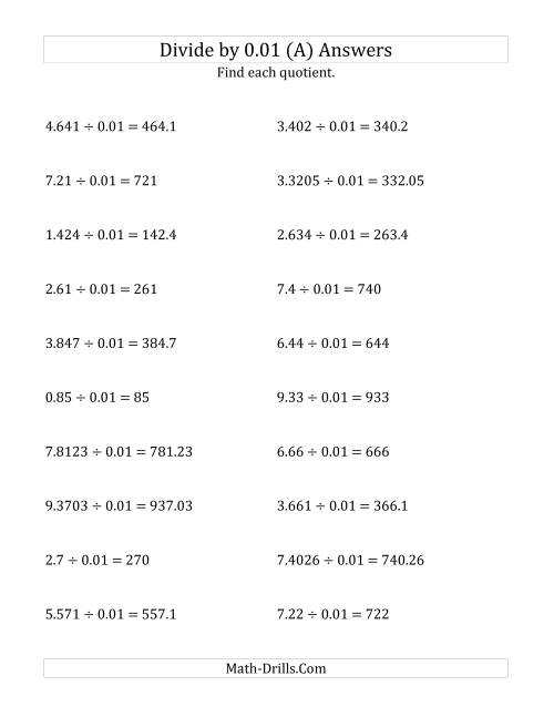 The Dividing Decimals by 0.01 (A) Math Worksheet Page 2